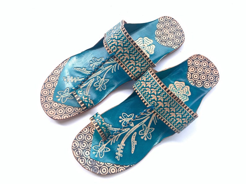 Blue Lotus Leather Women's Flat Sandals, Flip Flops, Slip Ons, Summer Gift for her Shoes Ethnic Indian Boho Style Handmade image 1