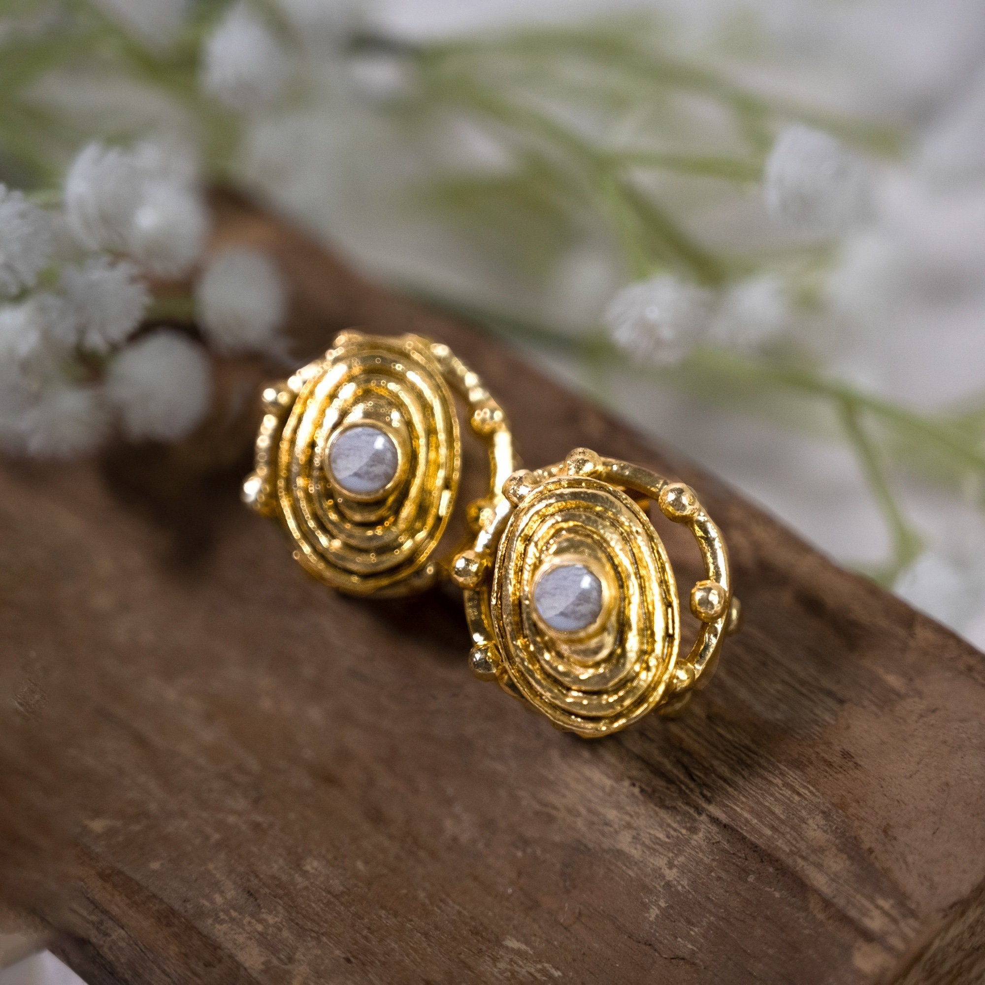 Unique Oval White Moonstone Gold Statement Stud Gemstone Earrings - Boho Chic Fun June Birthstone Jewelry - Gift for Best Friend