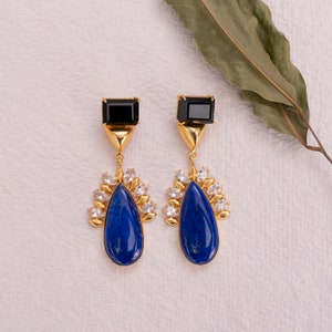Tear Drop Blue Lapis Statement Earrings with Zircon and Black Onyx, Natural Gemstone Dangle Earrings, Indian Earrings image 2