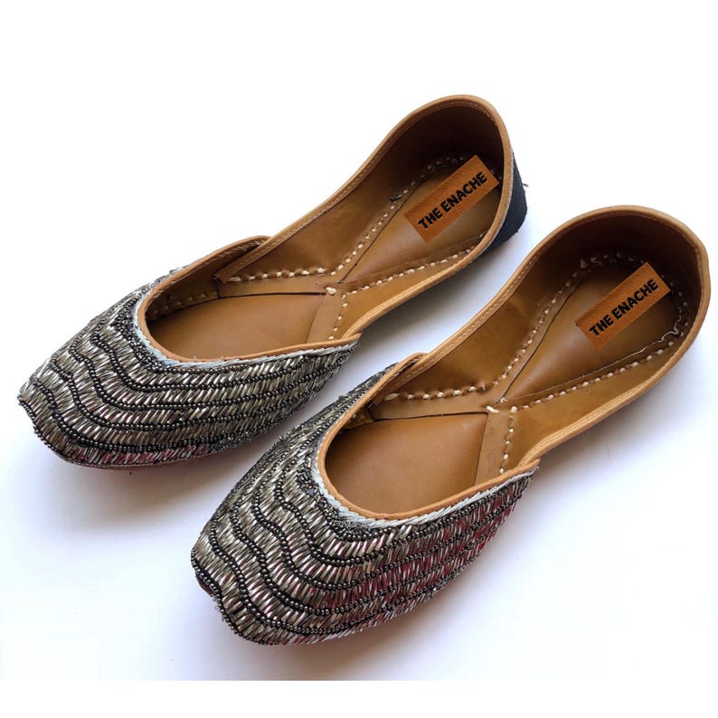 Gunmetal gray beaded ballet flats with textured sequins, handcrafted luxury party shoes for women