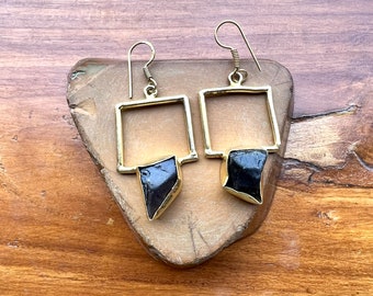 Boho Style Gold Square Geometric Black Dangle Statement Earrings for Women - Onyx Gemstone Jewelry