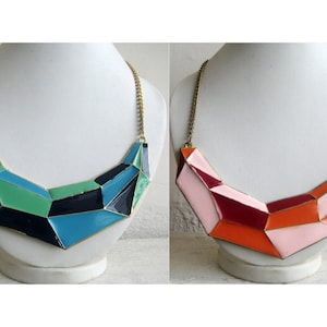 Shades of Blue/Orange Boho Style Geometric Stiff Statement Bib Enamel Necklace, Contemporary Bohemian Jewelry