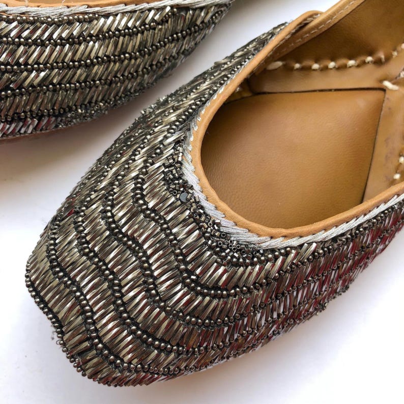 Gunmetal gray beaded ballet flats with textured sequins, handcrafted luxury party shoes for women