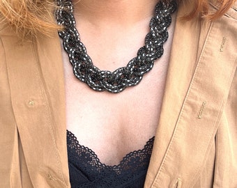 Black Braided Bib Statement Necklace/Bohemian Necklace/Bib Necklace/Cluster Necklace - Fashion Necklace for Women