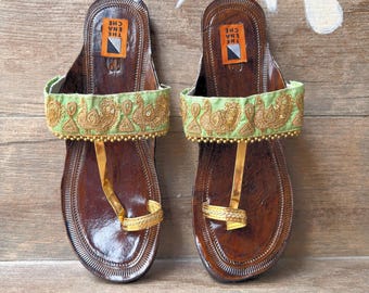 Mint Green Peacock Sandals, Boho T Strap Sandals Women, Handmade Kolhapuri Sandals, Embroidered Leather Sandals, Festival Wedding Shoes