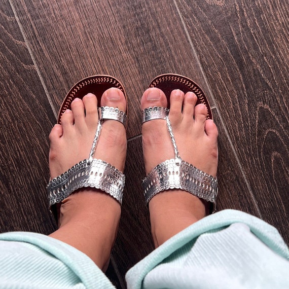 Handcrafted Silver Cut Work Leather Kolhapuri Flat Sandals for Women | Traditional Indian Ethnic Footwear for Festivals and Everyday Wear