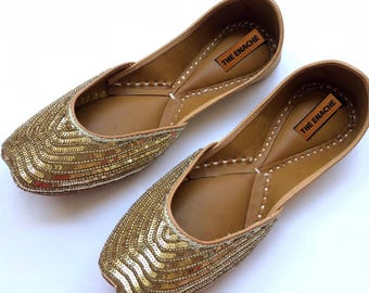 Gold Sequin Ballet Flats for Women, Bridal & Party Shoes, Handcrafted Beaded Slip-Ons, Wedding Guest Flats, Elegant Evening Footwear