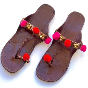 Boho Style Women's Leather Indian Sandals, Kolhapuri Pom Pom Balls T Strap Sandals, Copper Flat Handmade Slip Ons, Summer Flip Flops image 2