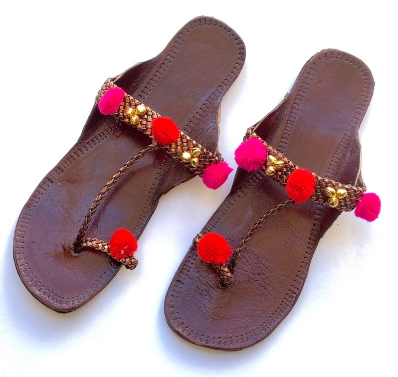 Boho Style Women's Leather Indian Sandals, Kolhapuri Pom Pom Balls T Strap Sandals, Copper Flat Handmade Slip Ons, Summer Flip Flops image 2