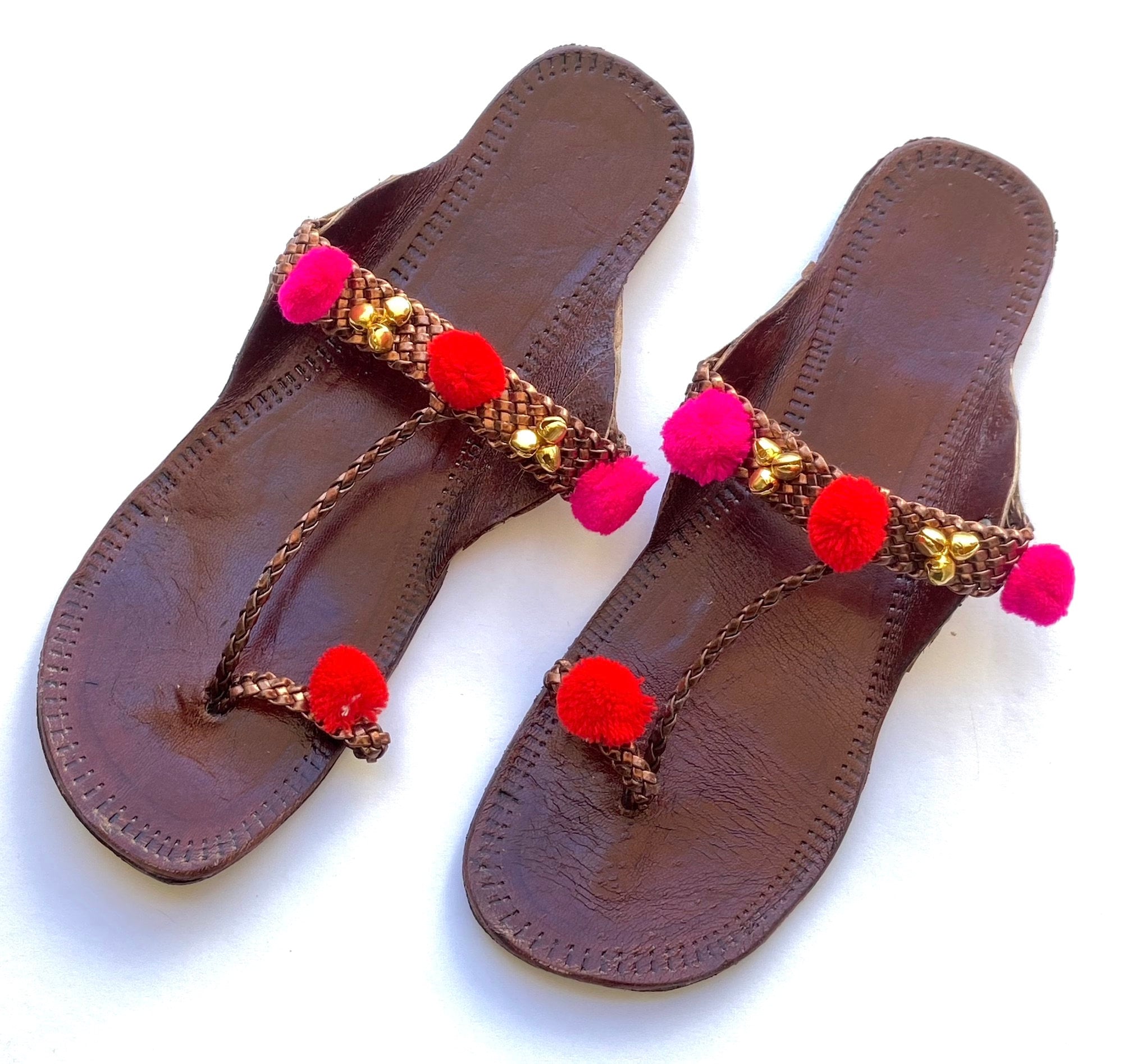 Boho Style Women's Leather Indian Sandals, Kolhapuri Pom Pom Balls T ...