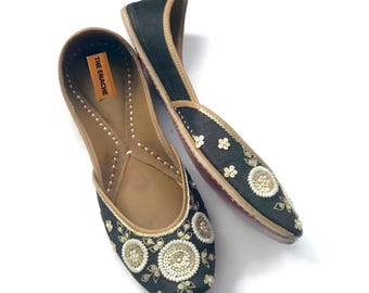 Black & Gold Floral Ballet Flats for Women, Handmade Leather Slip On Shoes with Pearl and Sequin Embroidery, Indian Wedding Khussa for Her