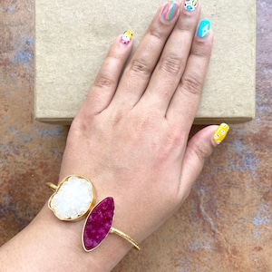 White and Pink Agate Druzy Cuff Bracelet for Women - Gemstone Jewelry