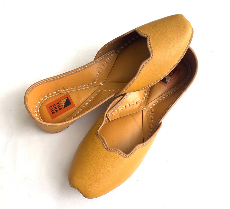 Mustard Yellow Leather Womens Ballet Shoes, Flat Slip Ons, Khussa