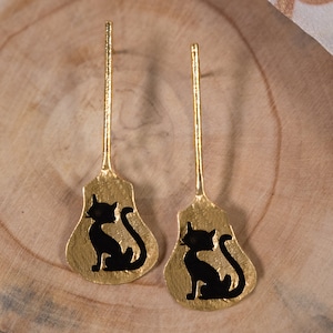 Black Cat Boho Statement Earrings, Gold Tribal Bohemian Earrings, Animal Jewelry. Gift for Cat Lover, Cat Mom Mothers Day Gift