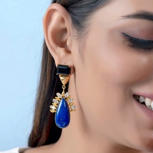 Tear Drop Blue Lapis Statement Earrings with Zircon and Black Onyx, Natural Gemstone Dangle Earrings, Indian Earrings image 1