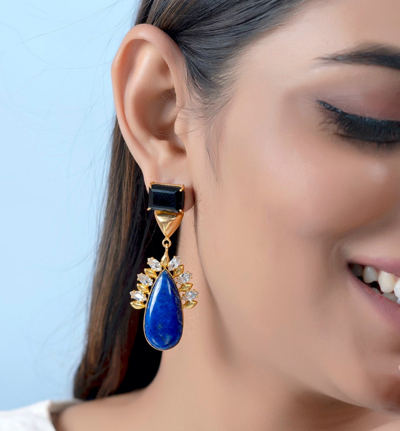 Tear Drop Blue Lapis Statement Earrings with Zircon and Black Onyx, Natural Gemstone Dangle Earrings, Indian Earrings image 1