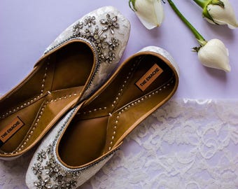 Bridal Ballet Flats for Wedding | White Lace Rhinestone Wedding Shoes | Comfortable Bridal Flats for Bride, Reception & Dance Shoes