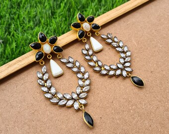 Black Onyx Zircon Flower Statement Earrings for Women, Bridesmaids Earrings - Gemstone Jewelry