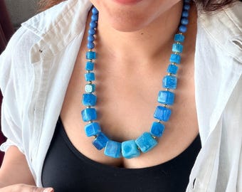 Chunky Blue Bead Necklace, Geometric Statement Jewelry, Colorful Resin Necklace, Vacation Jewelry, Modern Gift for Women