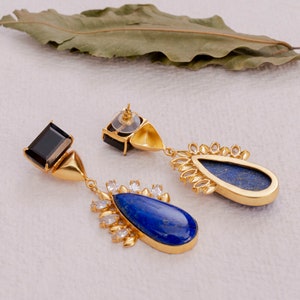 Tear Drop Blue Lapis Statement Earrings with Zircon and Black Onyx, Natural Gemstone Dangle Earrings, Indian Earrings image 3