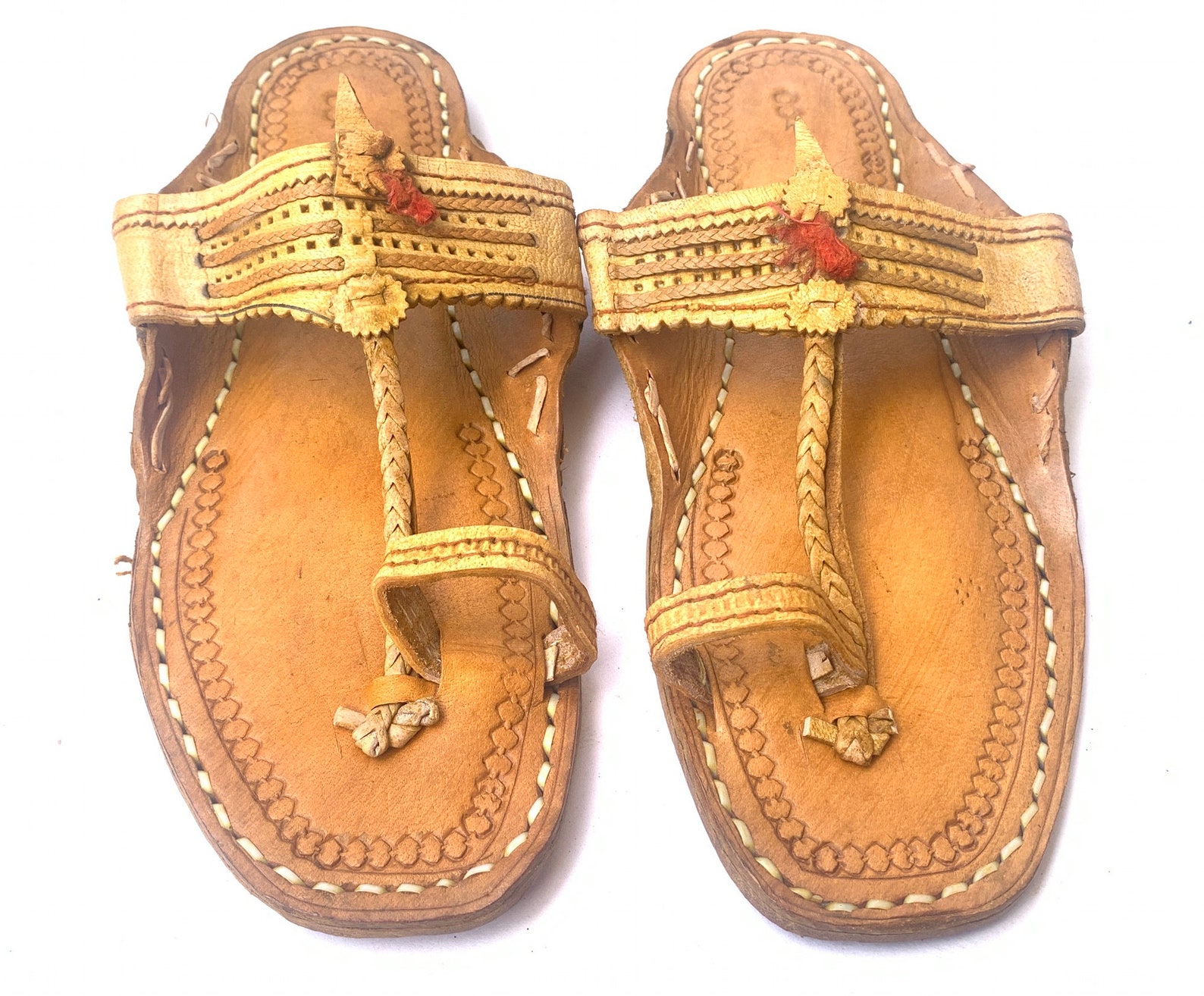 Mens Natural Brown Leather Flat Kolhapuri Sandals, T Strap Boho Style Handmade Slip Ons Slides