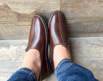 Dark Brown Leather Mens Loafers, Mens Slip Ons, Mens Slides, Mens Khussa Indian Shoes/Juttis/Mojaris