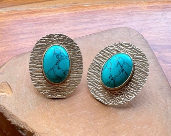 Turquoise Blue Gold Hammered Gemstone Statement Stud Earrings - Bohemian Jewelry