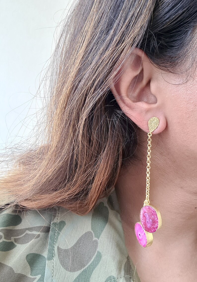 Gift for Mom, Long Pink Statement Dangle Earrings, Natural Agate Earrings, Beach Fashion Earrings for Women image 3