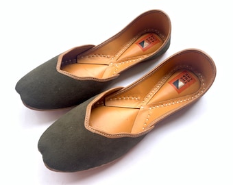 Suede Olive Green Indian Style Women's Flat Ballet Shoes Khussa Every Day Comfortable Wear Boho Slip Ons Slippers - Juttis or Mojaris