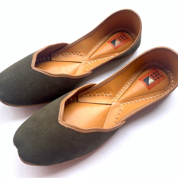 Suede Olive Green Indian Style Women's Flat Ballet Shoes Khussa Every Day Comfortable Wear Boho Slip Ons Slippers - Juttis or Mojaris