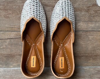 Silver Sequin Bridal Ballet Flats for Women, White & Silver Glitter Wedding Shoes, Comfortable Bridal Juttis, Indian Khussa