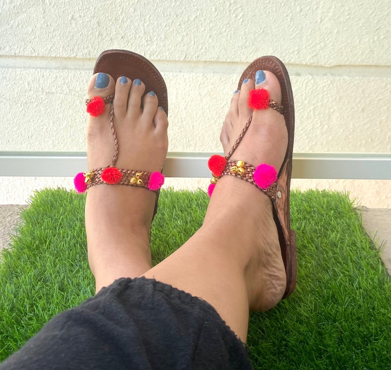 Boho Style Women's Leather Indian Sandals, Kolhapuri Pom Pom Balls T Strap Sandals, Copper Flat Handmade Slip Ons, Summer Flip Flops image 7