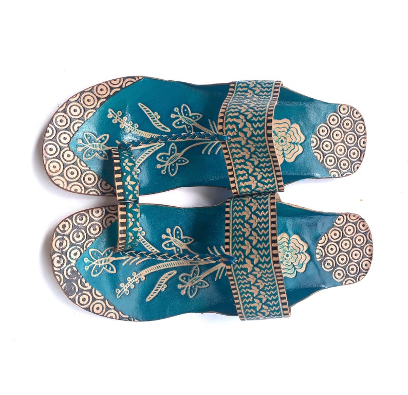 Blue Lotus Leather Women's Flat Sandals, Flip Flops, Slip Ons, Summer Gift for her Shoes Ethnic Indian Boho Style Handmade image 5
