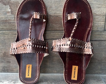 Enache's Handmade Copper Cut Work Leather Kolhapuri Sandals: Boho Chic T-Strap Flats for Women