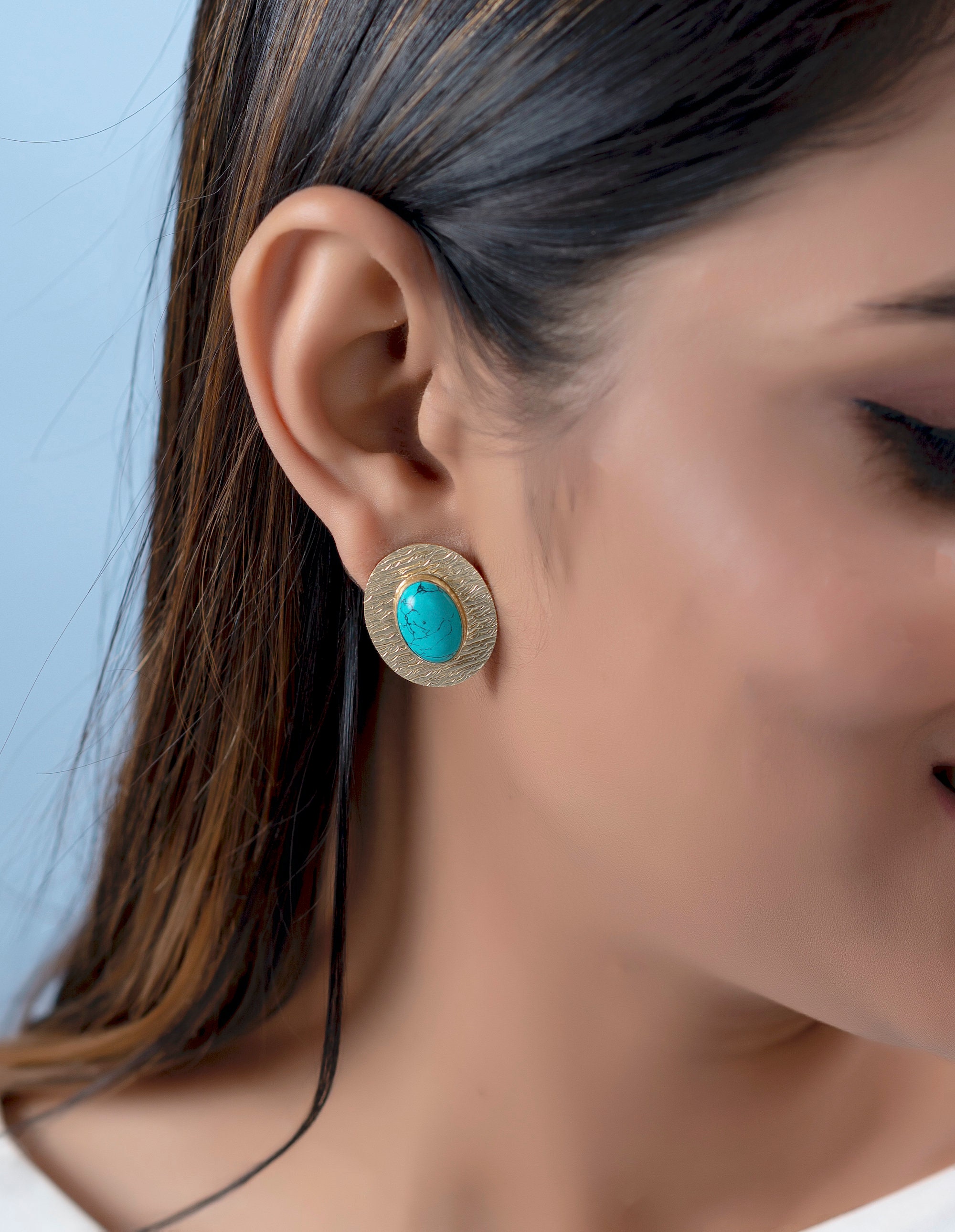 Turquoise Blue Stud Earrings With Gold Hammered Bazel Indian Etsy