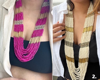 Long Beaded Pink Or Off White Multi Layer Statement Necklace, Boho Style Chunky Necklace for Women - Indian Jewelry