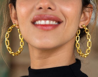 55mm Gold Chain Link Hoop Earrings, Large Oversized Chunky Gold Hoops, Textured Statement Earrings, XL Paperclip Hoops, Gift for Her