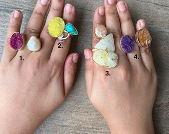 Druzy Stone Statement Ring, Raw Gemstone Cocktail Ring, Boho Statement Gold Ring, Adjustable Chunky Ring, Handmade Big Stone Ring