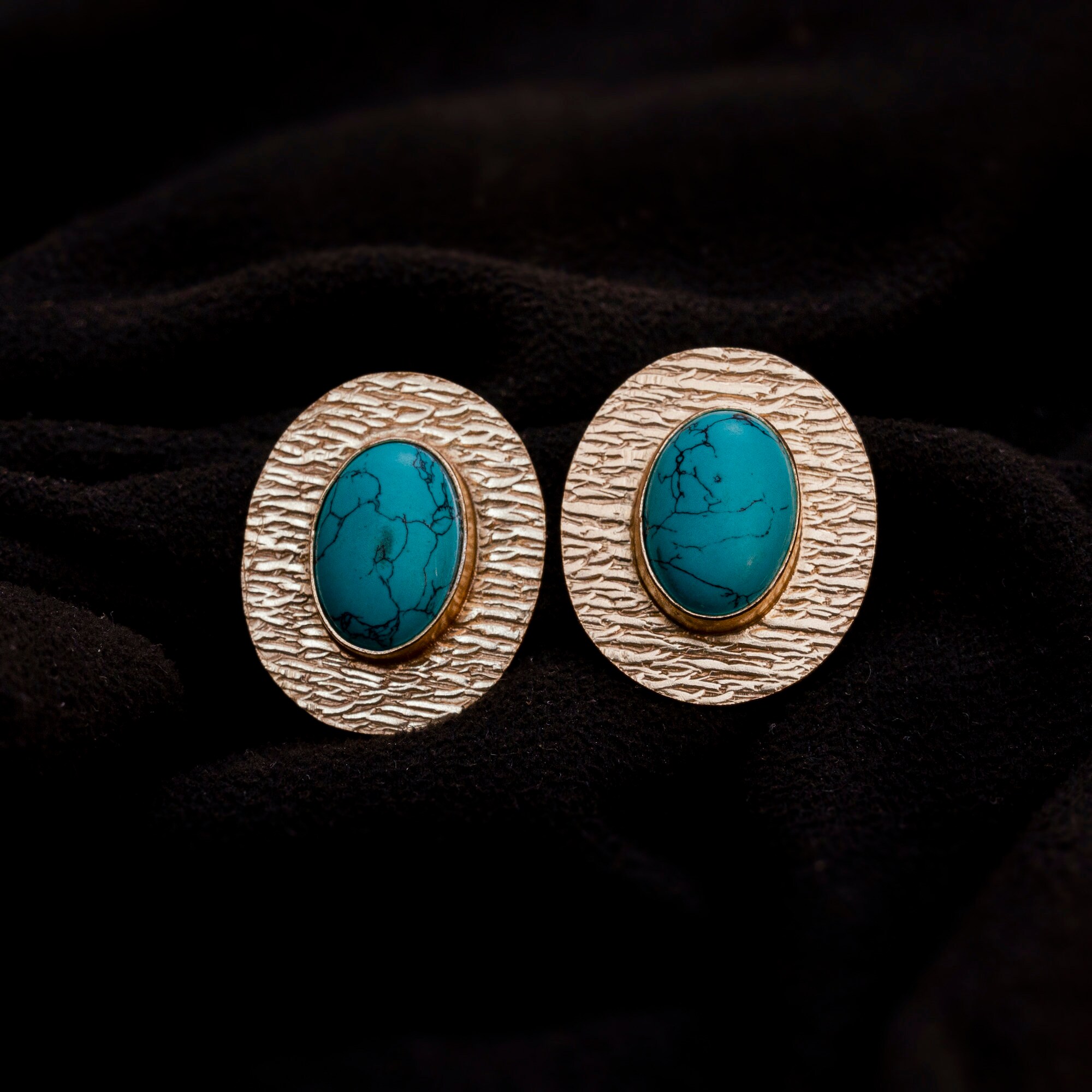 Turquoise Blue Stud Earrings With Gold Hammered Bazel Indian Etsy