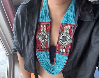 Boho Turquoise Blue Beaded Layered Necklace, Cowrie Shell Statement Necklace, Multi Strand Chunky Vacation Beach Jewelry