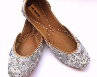Silver & Ivory Bridal Ballet Flats | Hand Embroidered Pearl Floral Wedding Shoes | Comfortable Indian Juttis, Ethnic Bridal Khussa Flats