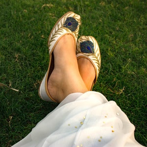 White Wedding Shoes with Blue Peacock,  Women&#39;s Bridal Ballet Flat Shoes, Gold Shoes, Bridesmaids Slip Ons, Gift for her - Enache
