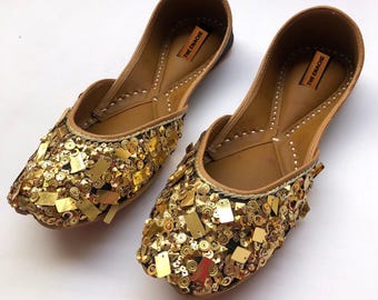 Ballerines à sequins dorés pour femme, chaussures de mariage et de fête fabriquées à la main, ballerines sans lacet en cuir ornées, invité de la mariée Khussa