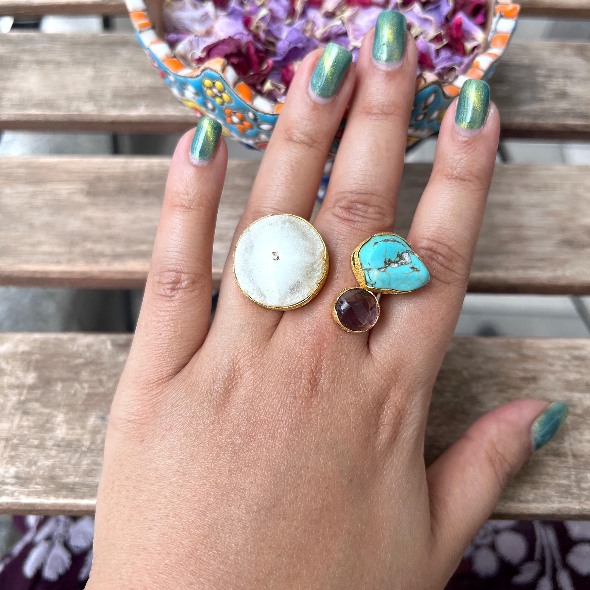 ホワイトアゲートとブルーターコイズのマルチジェムストーンリング