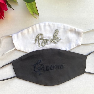 Satin Bride Groom Wedding Face Mask, Set of 2, Sequin White Silver Face Mask, Black Face Mask, Embellished Bridal Mask, Washable, Reusable
