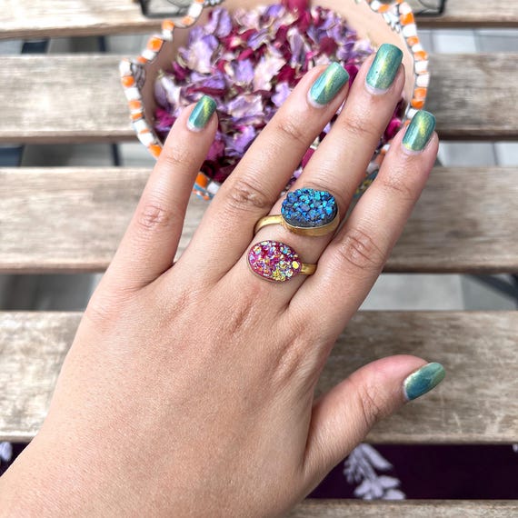 Blue Pink Druzy Two Stone Statement Ring • Chunky Adjustable