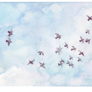 Original Watercolor Painting. Flock of Birds, Puffy Heavenly Clouds. 9 x 12. Blue Skies. Mothers Day Gift. Wall Decor. Free Shipping.