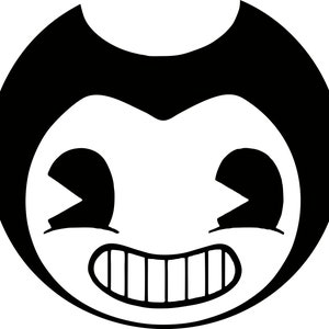 May include: A black and white cartoon face with a wide grin and large eyes. The character has a round head with two small horns and a smiling mouth with visible teeth. The eyes are white with black, triangular pupils.
