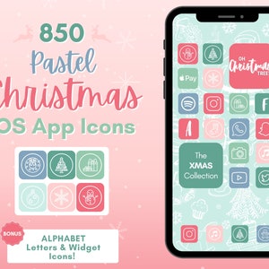 May include: A phone screen displaying 850 pastel Christmas iOS app icons. The icons are arranged in a grid and feature various Christmas-themed designs, including snowflakes, Christmas trees, and presents. The text "The Xmas Collection" is displayed at the bottom of the screen.