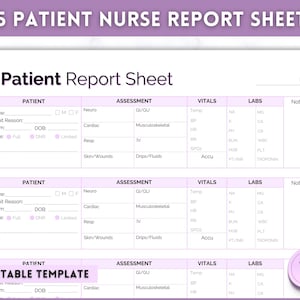 5 Patient Nurse Report Sheet, Nurse Brain Sheet, ICU Nurse Report, RN Nursing, Nurse Grad, SBAR, Patient Assessment, Printable Template
